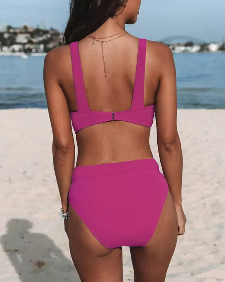 Classic women's high-waisted two-piece swimsuit; V-neck bikini set for comfortable swimwear.