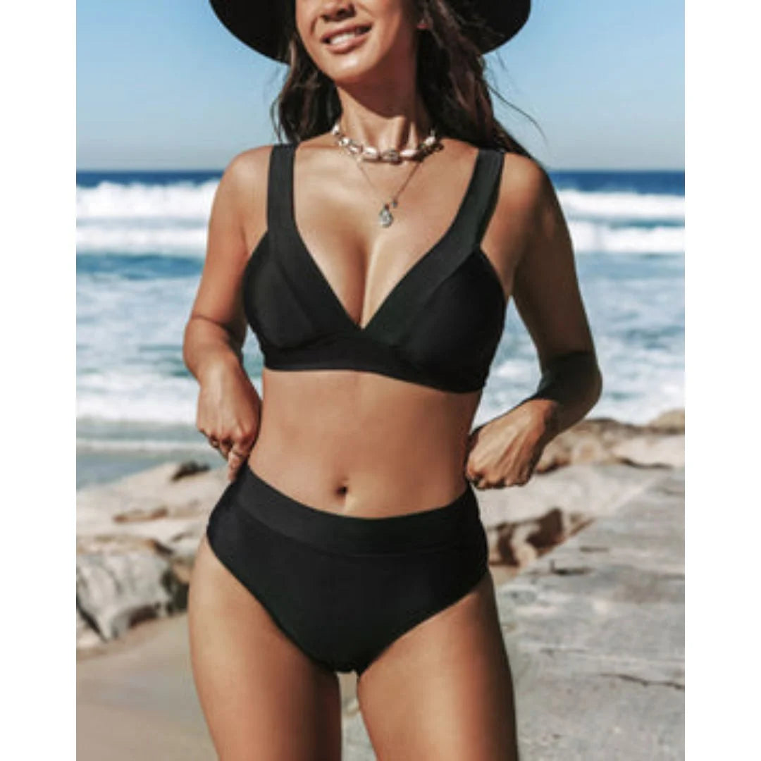 Women's V-neck bikini set; high-waisted two-piece swimsuit for ultimate beach fashion.