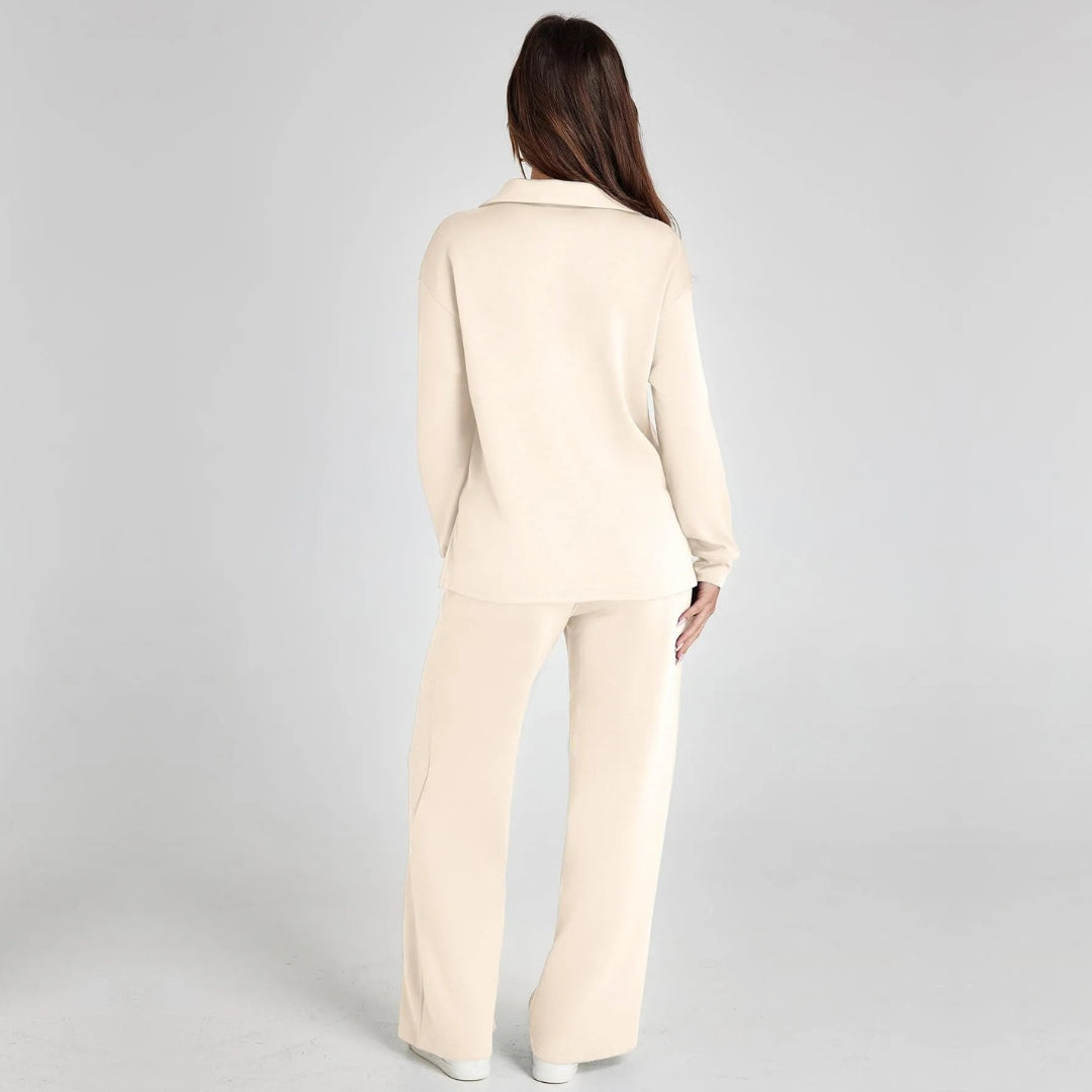 Womens V-neck long sleeve loungewear set, featuring relaxed fit and stylish wide leg pants.