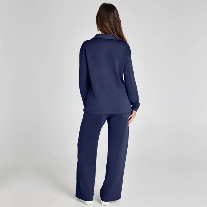 Casual women's V-neck long sleeve top & wide leg pants set, designed for ultimate relaxation.