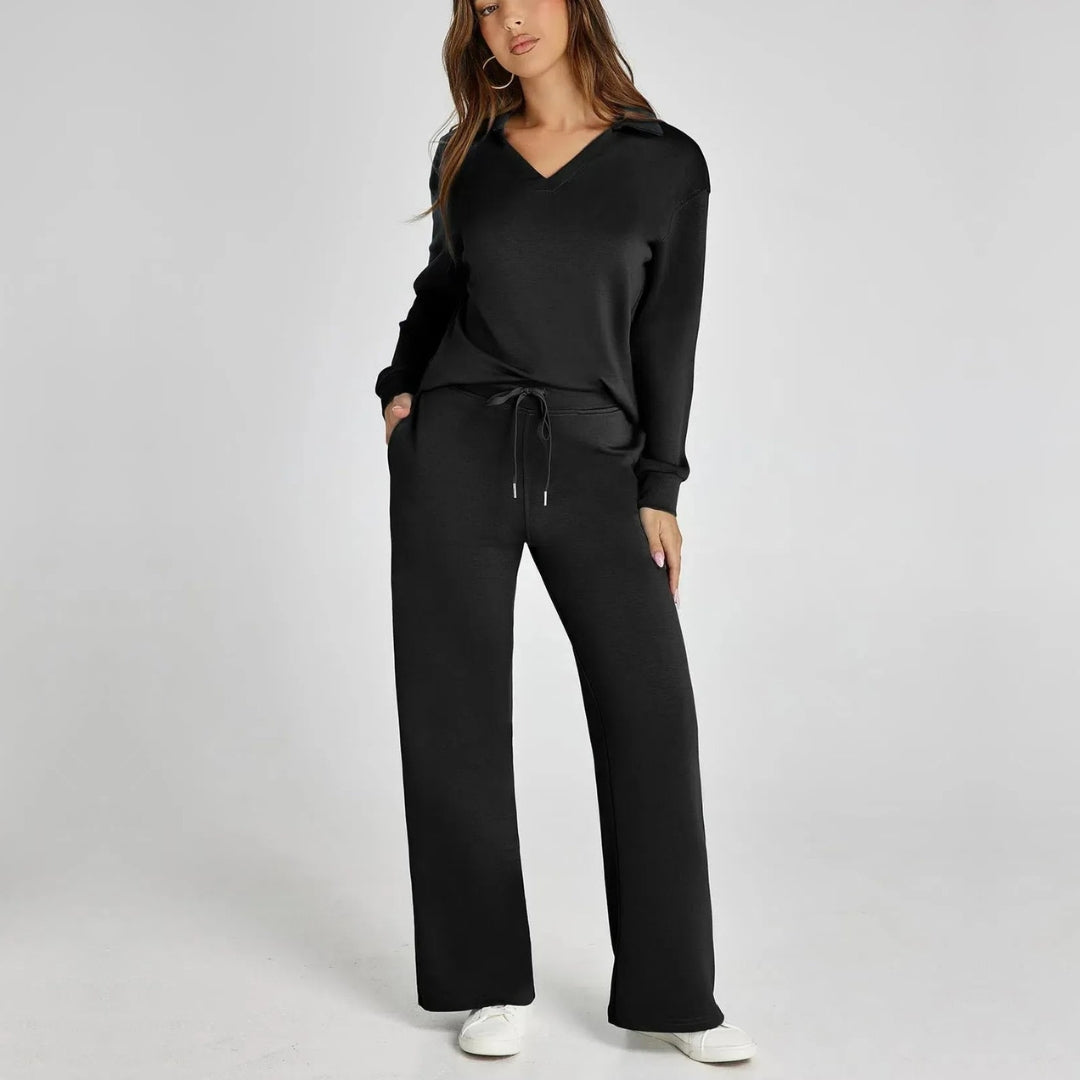 Trendy women's wide leg pants from a comfy V-neck long sleeve two-piece loungewear set.