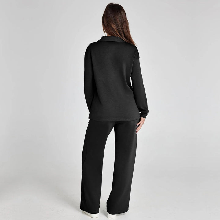 Full view of a women's V-neck long sleeve loungewear set with wide leg pants, ideal for leisure.