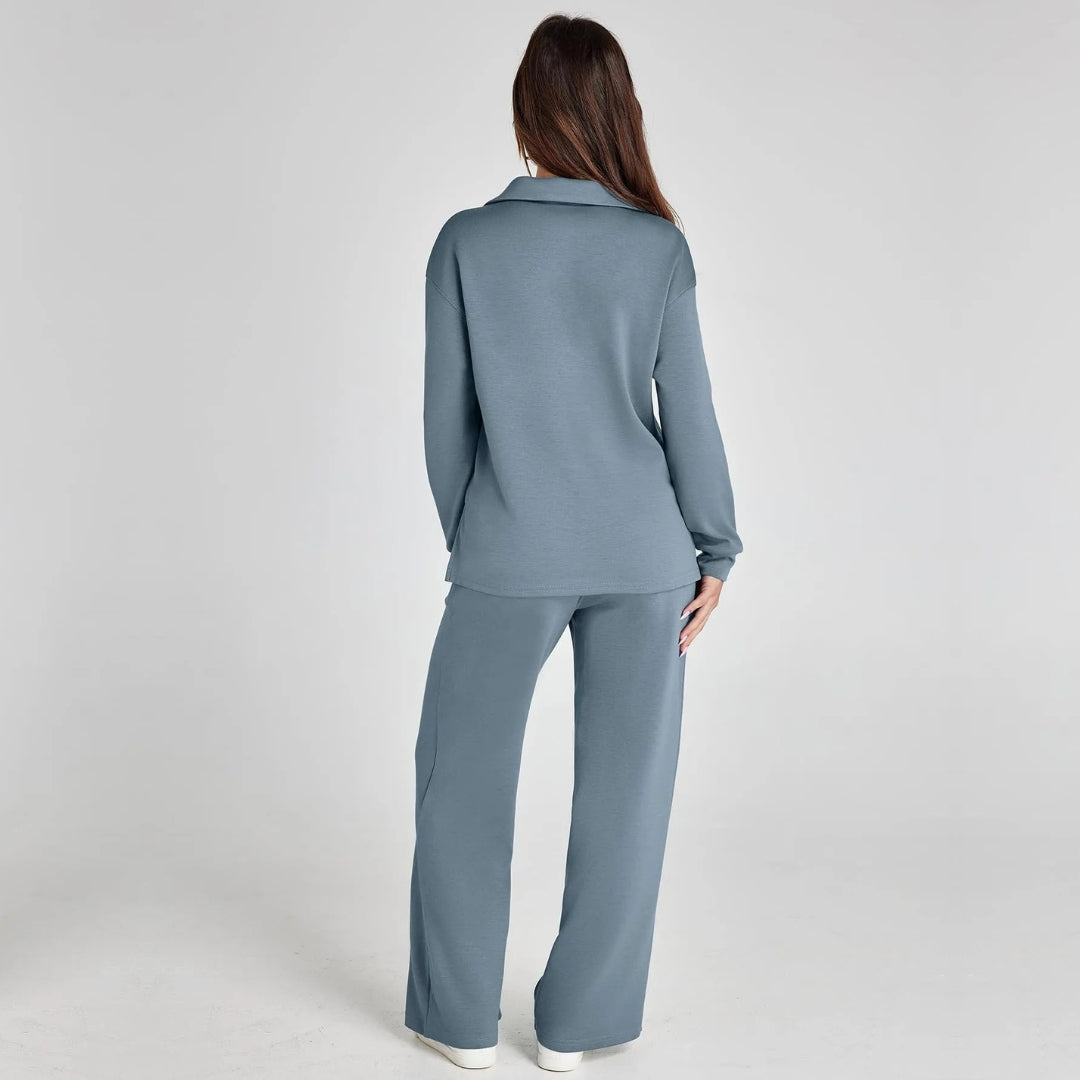 Relaxed fit two-piece women's loungewear set: V-neck top & wide leg pants. Perfect for leisure.