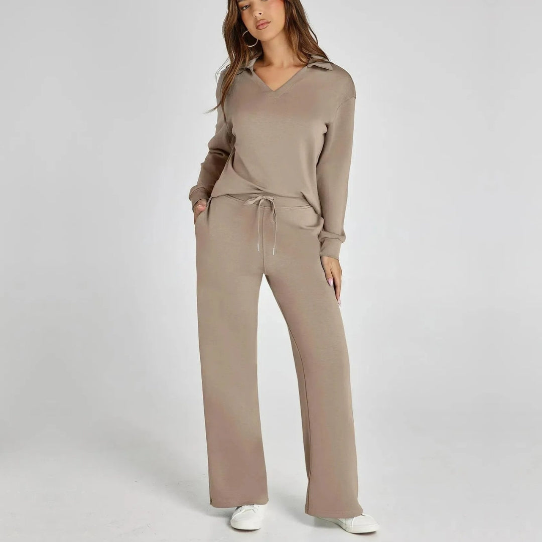 Stylish women's V-neck long sleeve top, part of a comfy wide leg pants loungewear set.