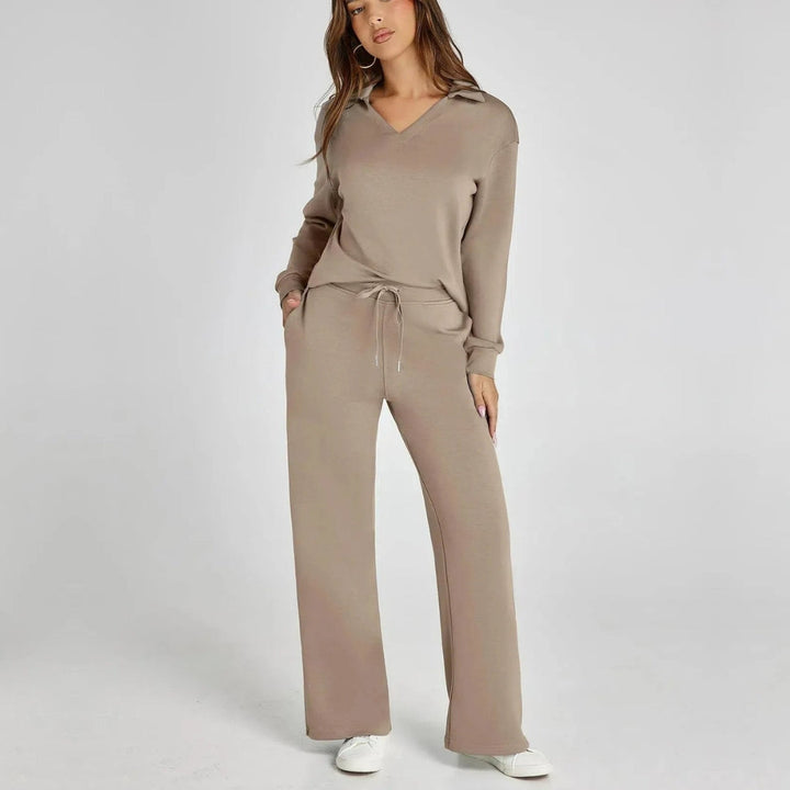 Stylish women's V-neck long sleeve top, part of a comfy wide leg pants loungewear set.
