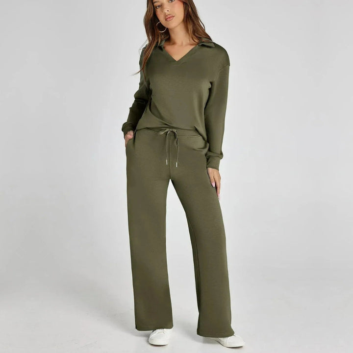 Everyday women's fashion: V-neck long sleeve top & wide leg pants loungewear set for comfort.