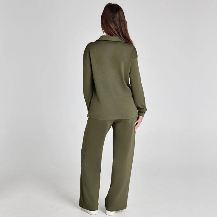 Cozy women's long sleeve V-neck top paired with wide leg pants, a perfect leisure loungewear set.