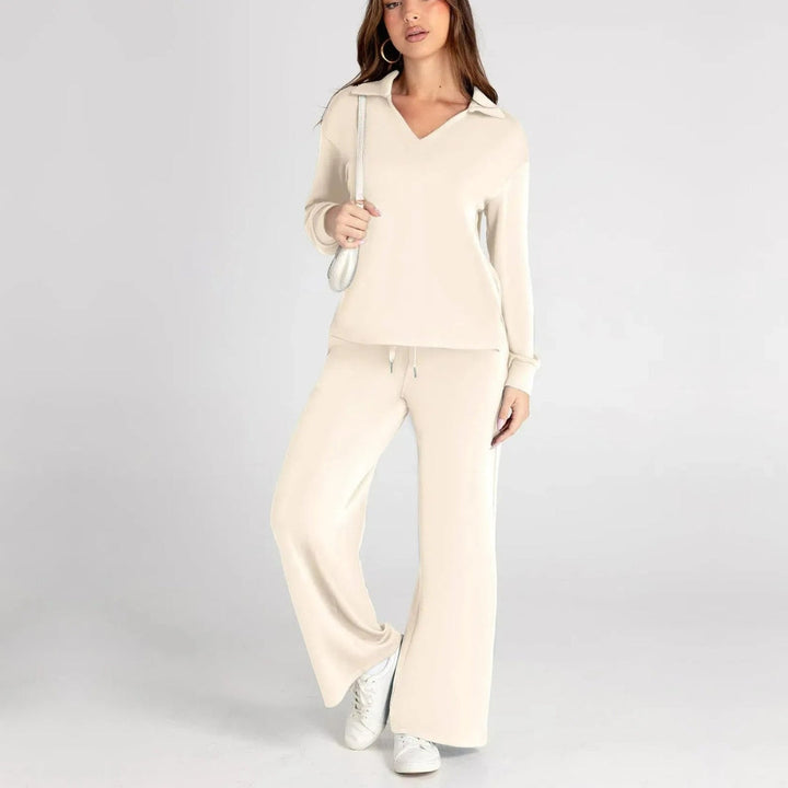 Elegant wide leg pants, part of a women's casual V-neck long sleeve loungewear two-piece set.