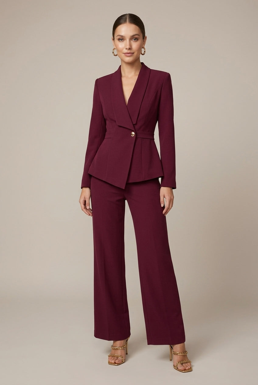 Women's V-neck long sleeve top & wide leg trousers two-piece set, ideal for smart casual or workwear.