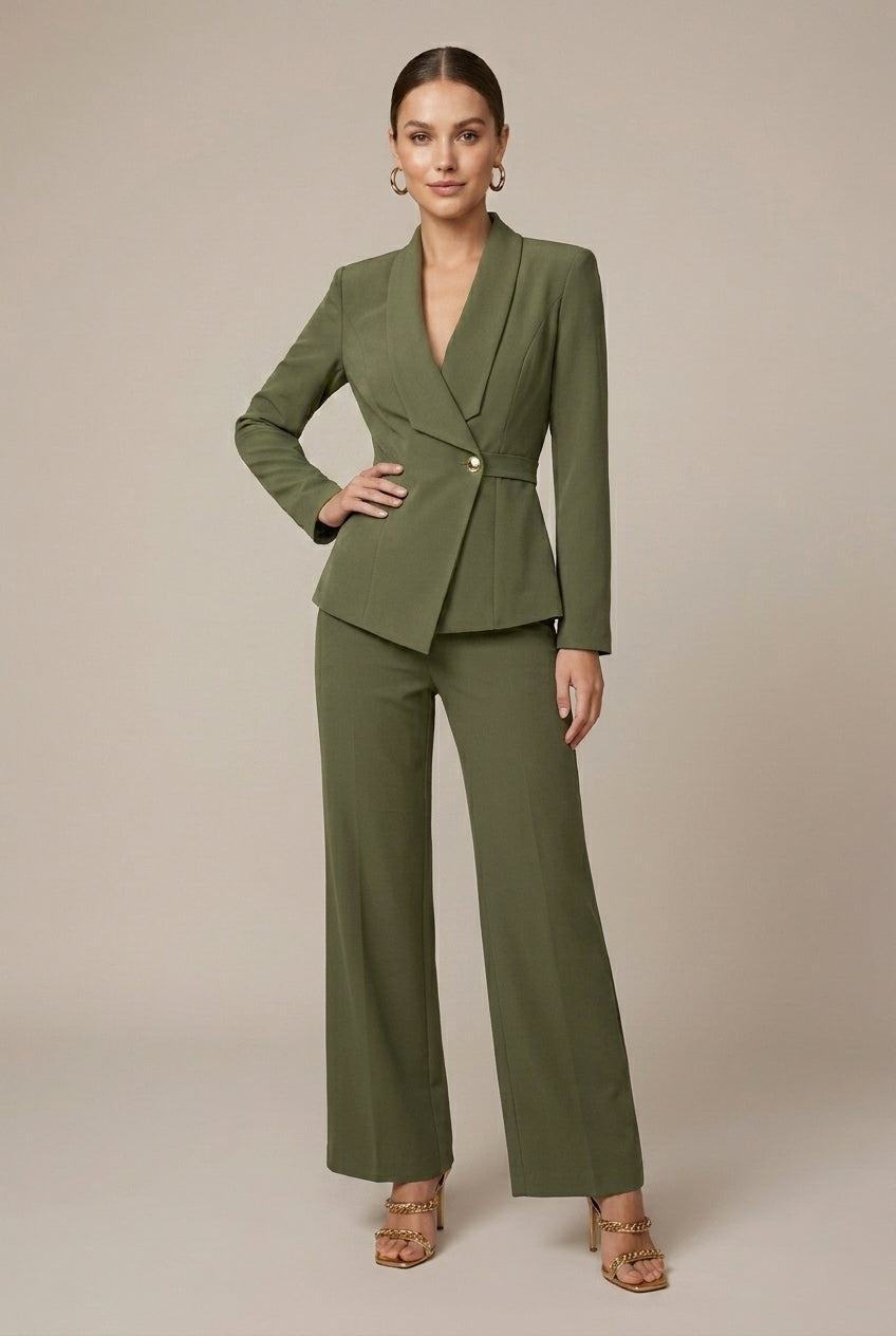 Stylish women's fashion two-piece set with a chic V-neck long sleeve top and flowy wide leg trousers ensemble.