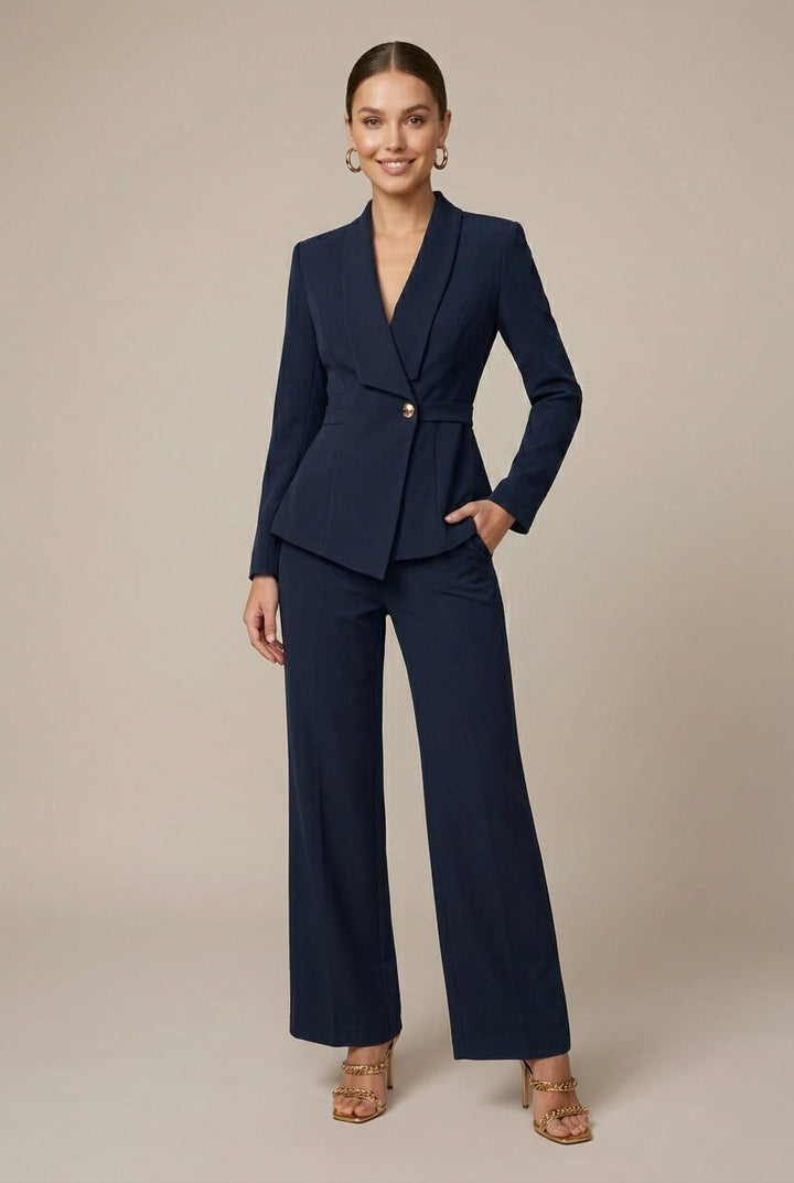 Women's autumn/winter fashion pant suit: V-neck long sleeve top and wide leg trousers coordinated set, elegant.