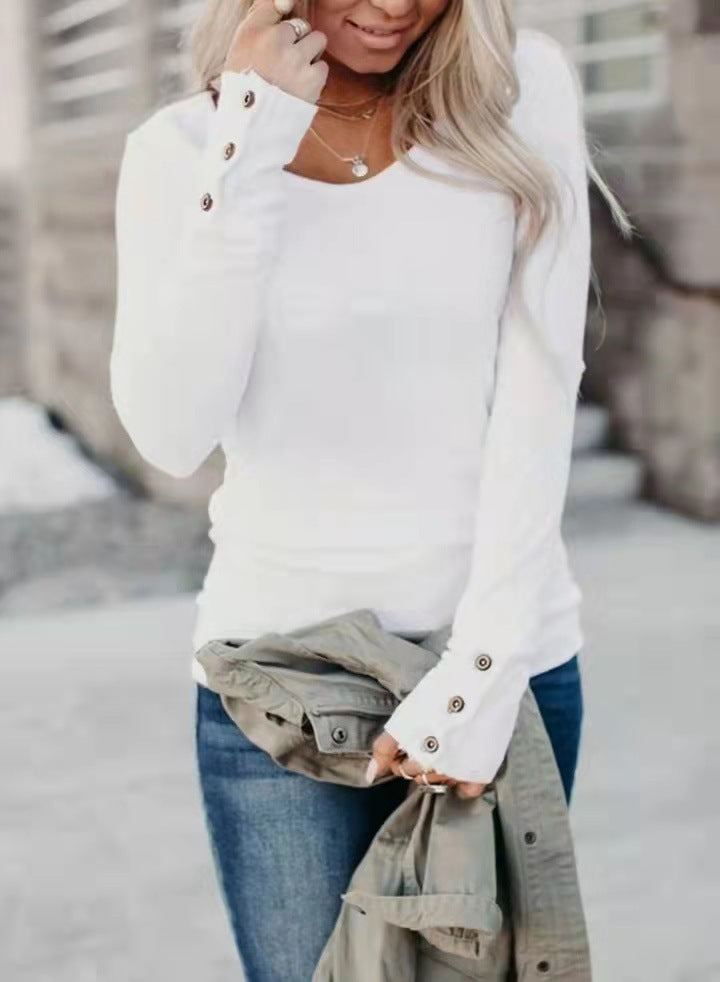 Women's V-neck long sleeve top with elegant front button detail. Slim fit, perfect for versatile everyday wear.