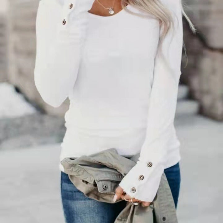 Versatile women's elegant V-neck long sleeve top with decorative buttons. Ideal for everyday fashion & comfort.