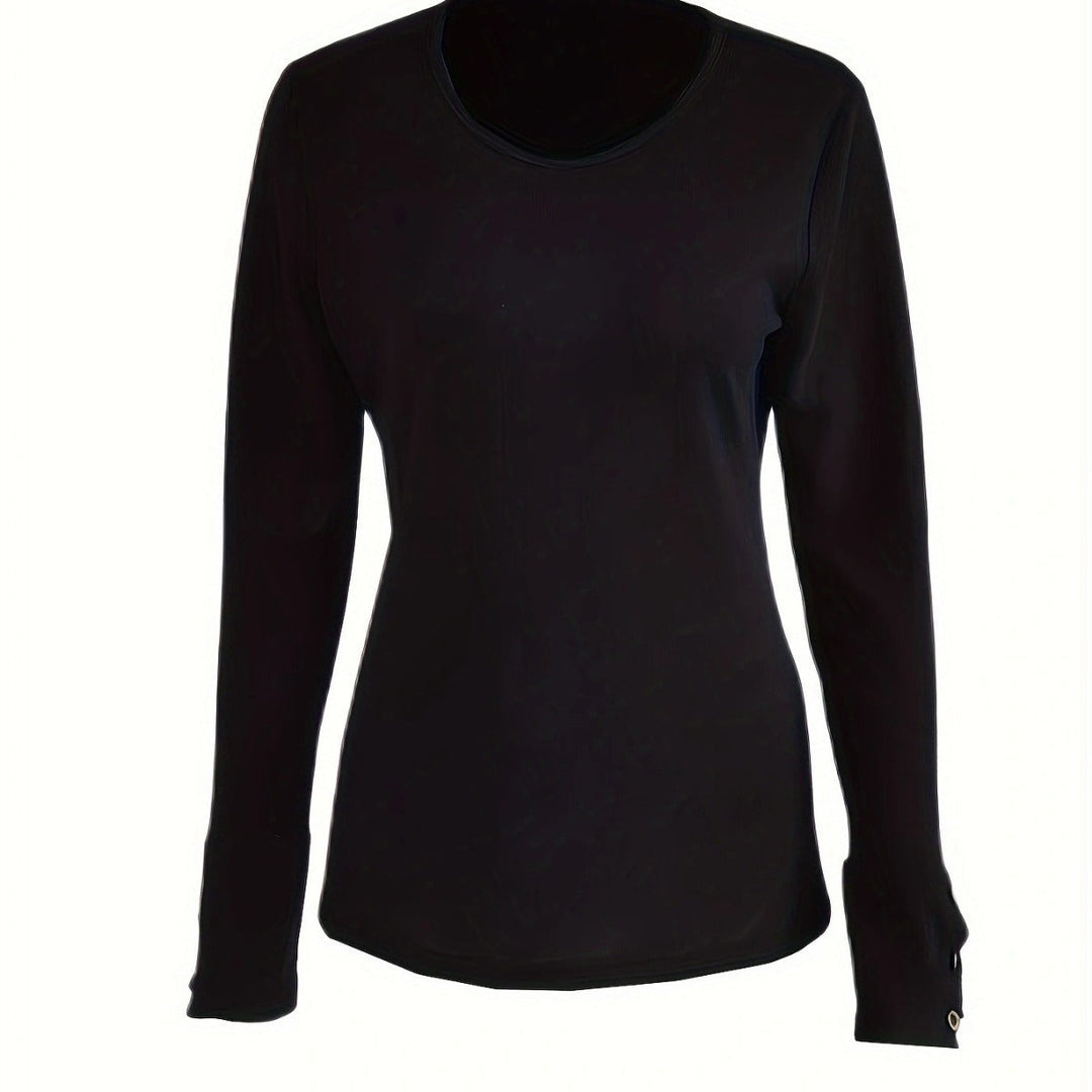 Model in a crisp white V-neck long sleeve top for women, featuring elegant button detail. Perfect for casual wear.