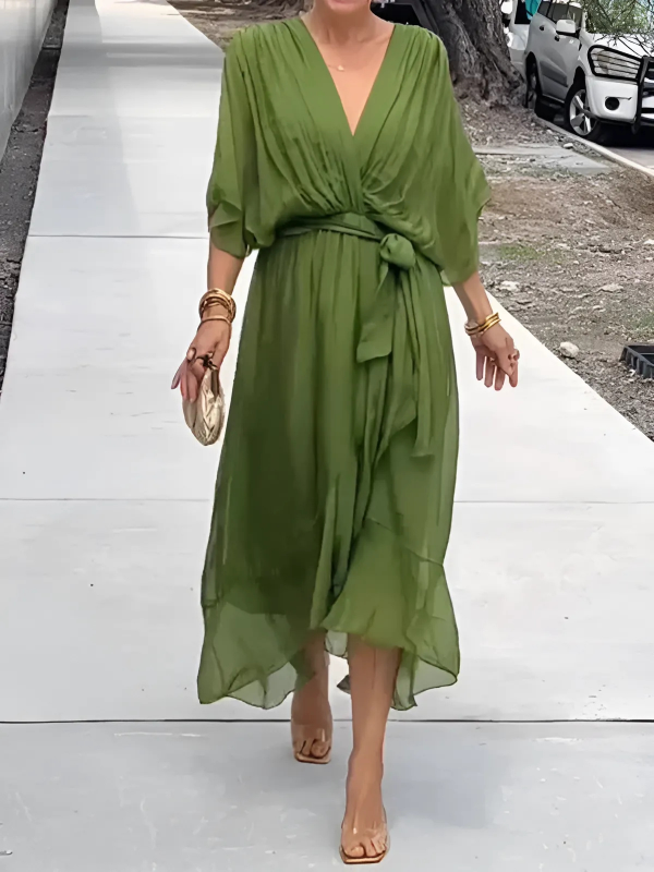 Women's V-Neck Maxi Dress with adjustable tie waist, perfect for elegant summer fashion and casual comfort.