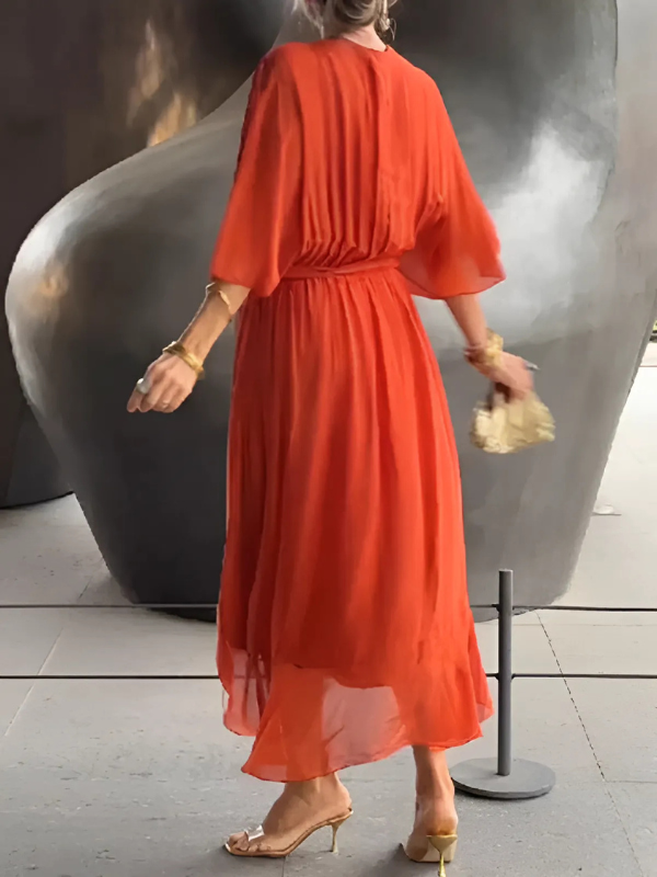 Long V-neck maxi dress for women with an adjustable tie waist, a comfortable and stylish choice for summer fashion.