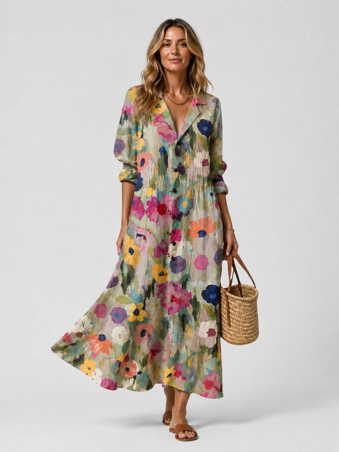 Stylish women's maxi shirt dress with a V-neck, showing its flowing silhouette and elegant drape.