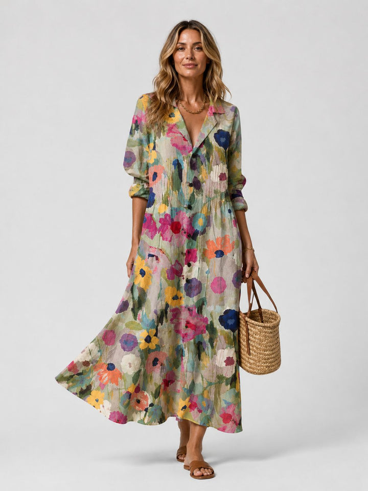 Stylish women's maxi shirt dress with a V-neck, showing its flowing silhouette and elegant drape.