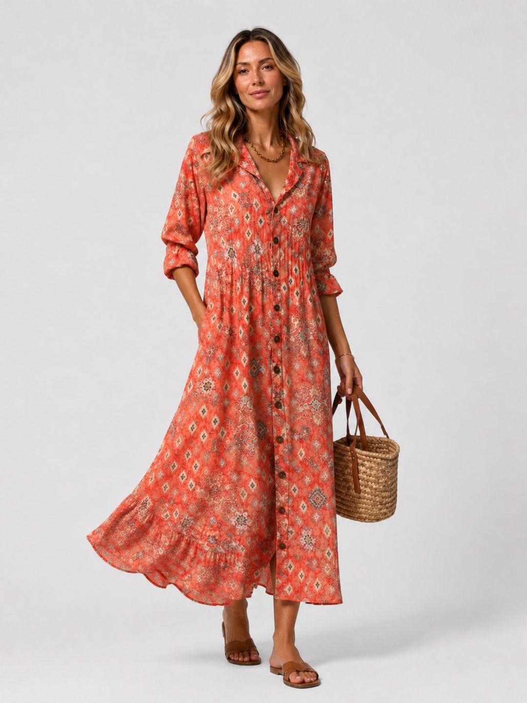 Elegant women's V-neck maxi shirt dress, a versatile long summer dress with a stylish, flowing design.