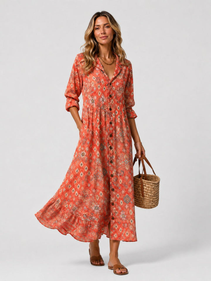 Elegant women's V-neck maxi shirt dress, a versatile long summer dress with a stylish, flowing design.
