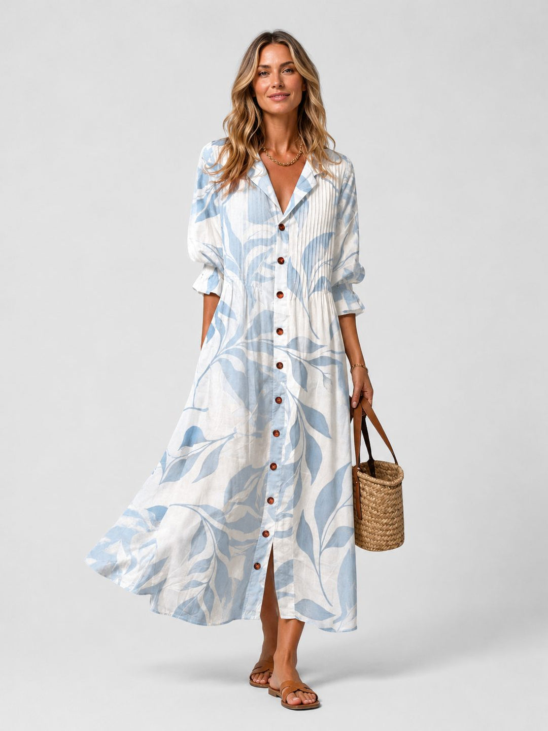 Woman wearing a chic flowing V-neck maxi shirt dress, showcasing its comfort and versatile style.