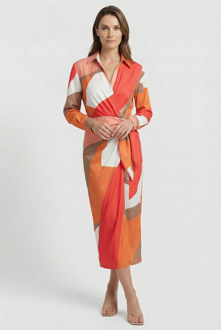 Ankle length printed midi dress with long sleeves and a flattering wrap silhouette