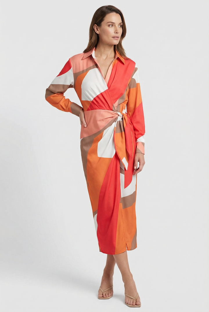 Women's long sleeve midi dress with a stylish V-neck and customizable tie waist