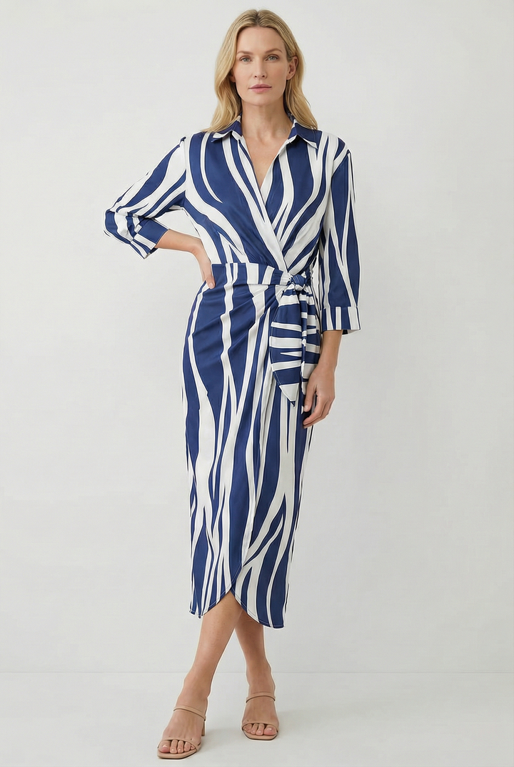 Versatile V-neck midi dress with adjustable waist tie, ideal for various occasions