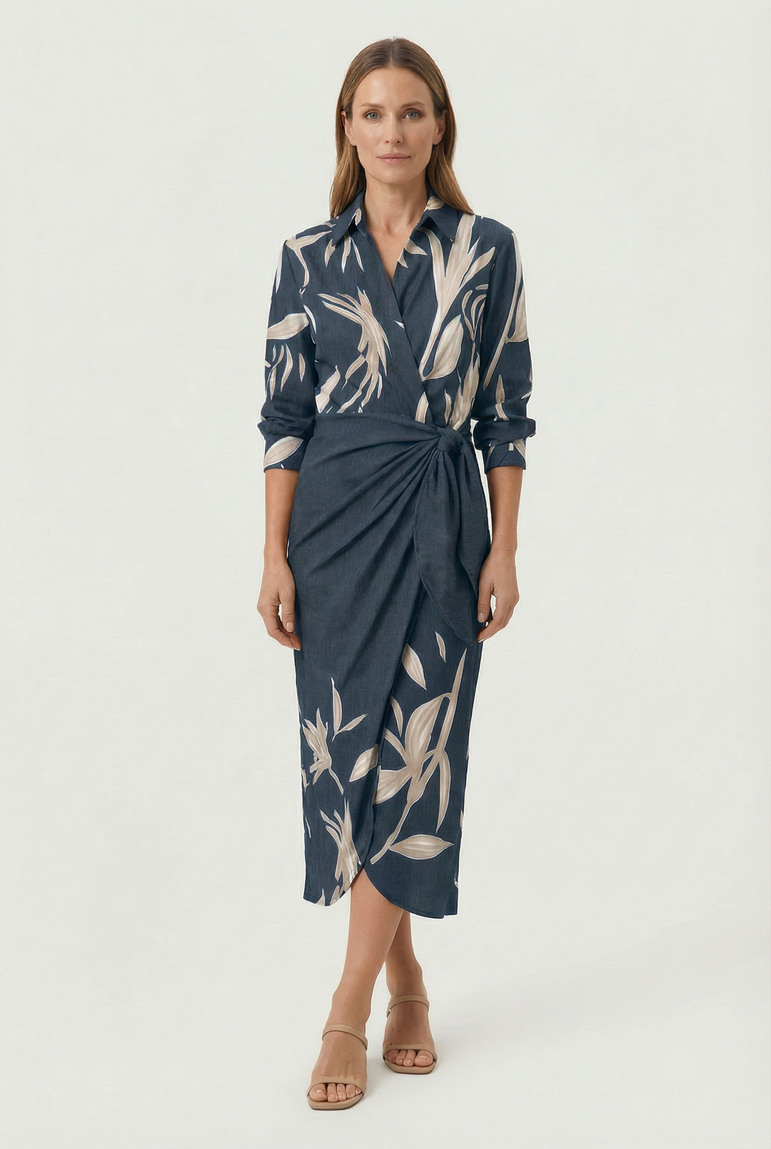 Women's occasion midi dress with a V-neck and elegant long sleeves