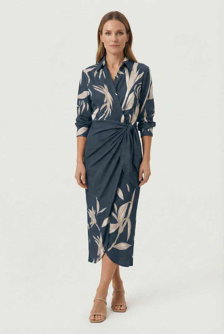 Women's occasion midi dress with a V-neck and elegant long sleeves