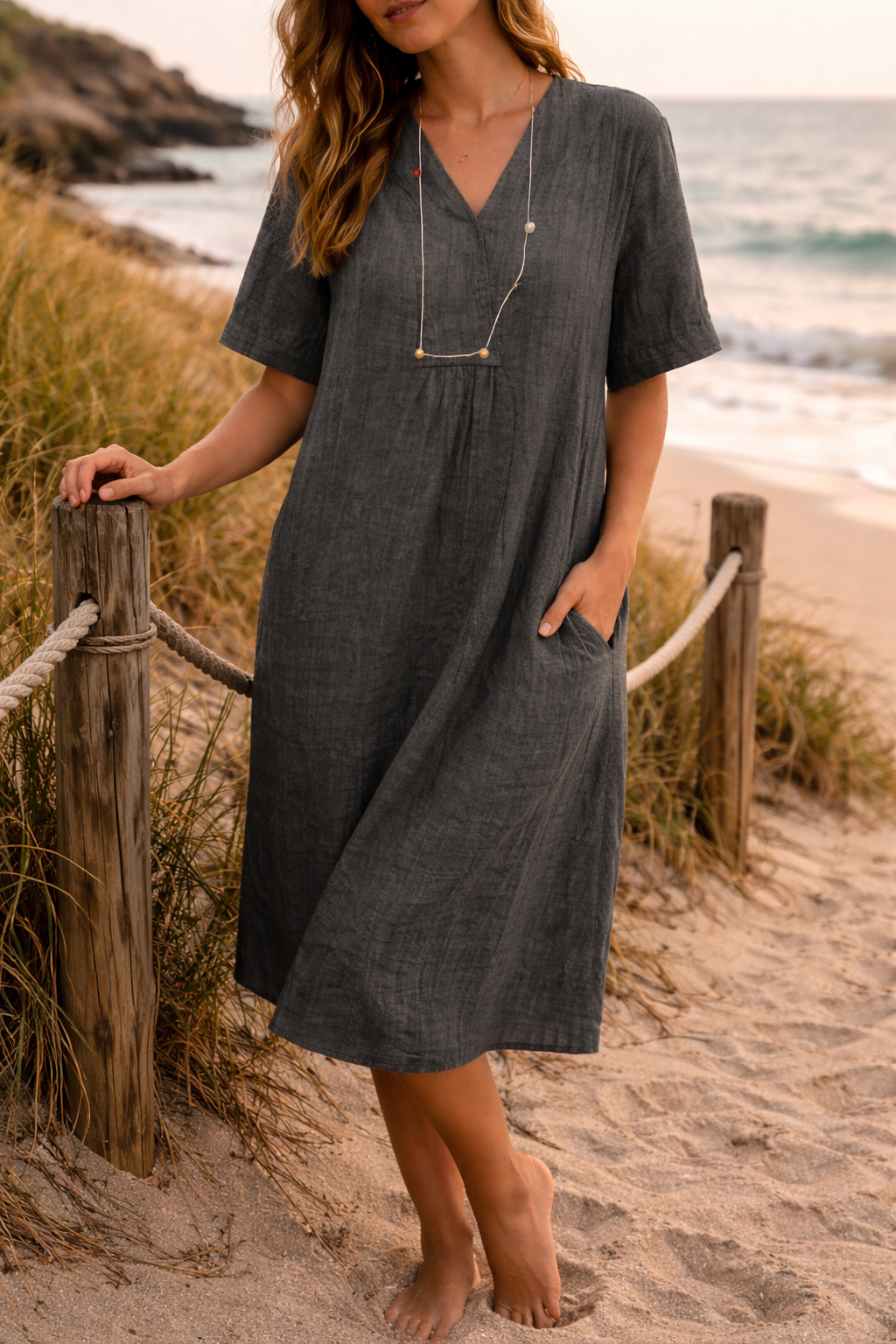 Stylish women's V-neck midi dress with pockets. Loose fit short sleeve design for casual elegance this spring & summer.