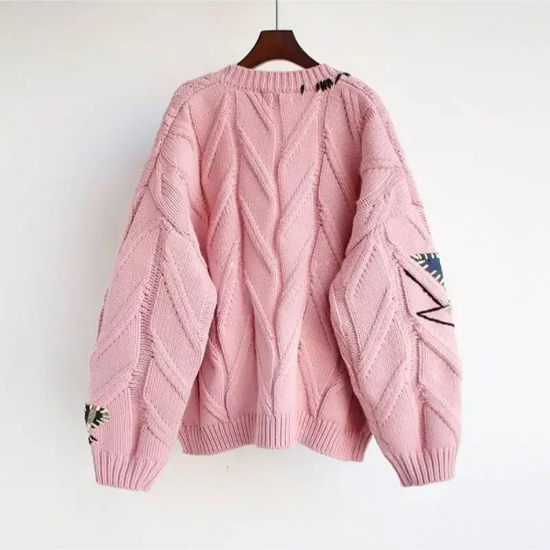 Women's V-neck patchwork embroidered cardigan for a comfortable, casual fall fashion look.