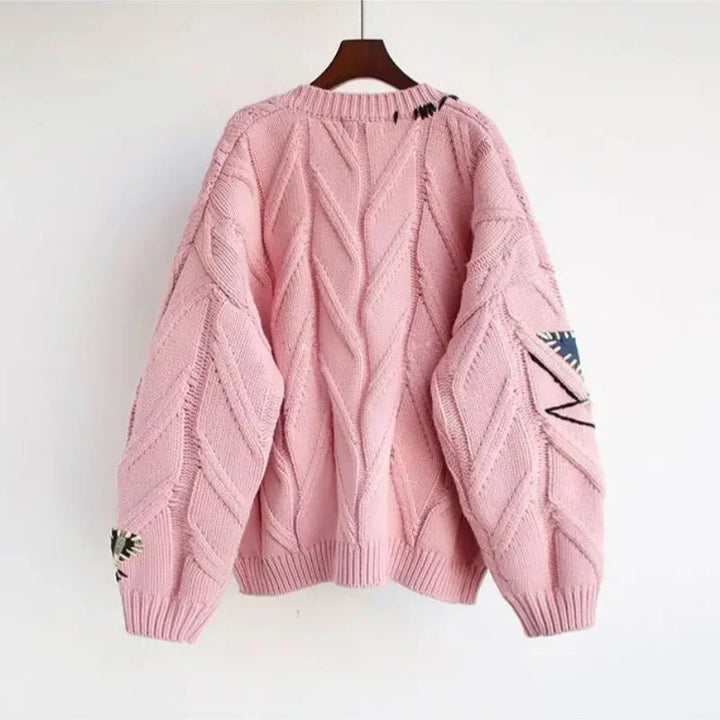 Women's V-neck patchwork embroidered cardigan for a comfortable, casual fall fashion look.