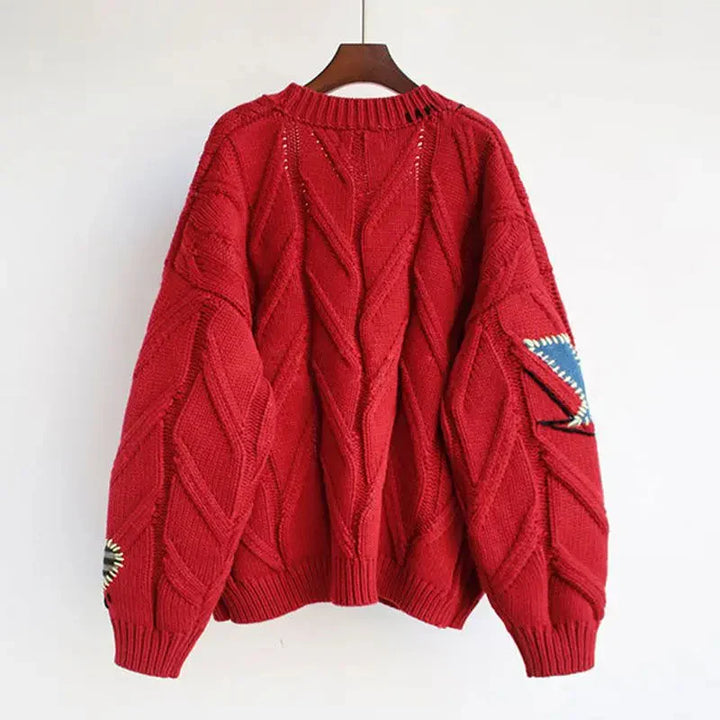 Bohemian style women's V-neck cardigan, featuring unique patchwork and embroidery for cozy, comfortable wear.