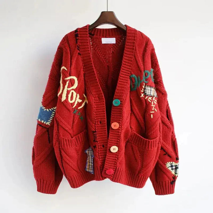 Chic V-neck women's cardigan with detailed patchwork embroidery, ideal for layering in fall or spring.