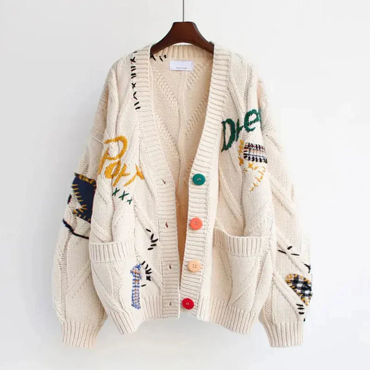 Comfortable women's V-neck cardigan featuring colorful patchwork and delicate embroidery, great for everyday.