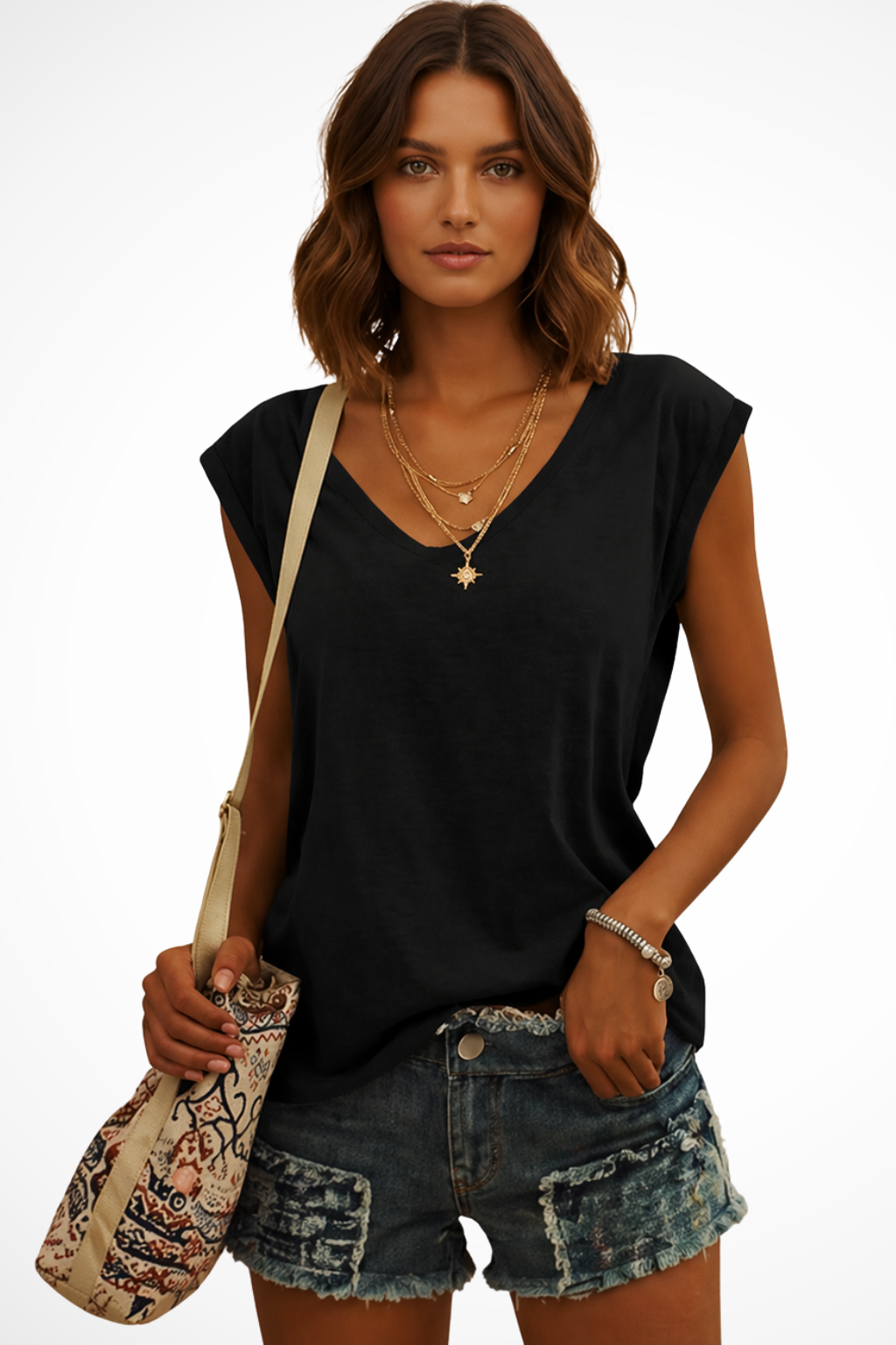 Versatile women's V-neck cami top, relaxed fit & sleeveless. A wardrobe essential for chic casual & summer layered looks.