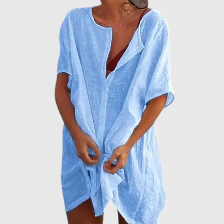 Versatile women's V-neck tunic, relaxed fit summer dress, ideal for day wear or beach.
