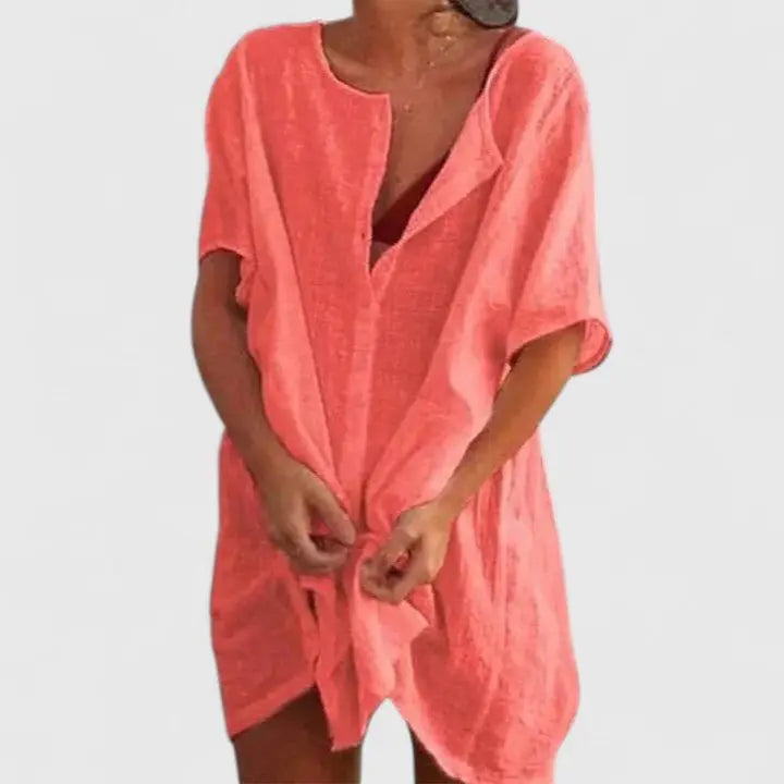 Chic women's V-neck relaxed fit tunic dress, an effortless midi summer style.