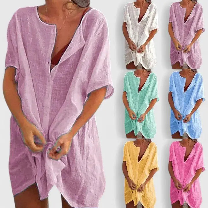 Women's casual V-neck relaxed fit tunic dress, a versatile midi summer fashion.