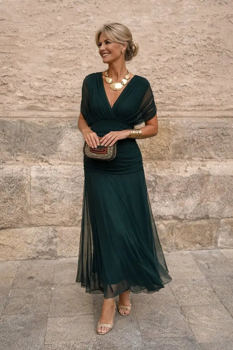 Women's V-neck ruched waist maxi cocktail dress. Perfect for parties & formal events.