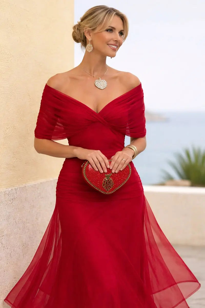 Women's formal wear: V-neck ruched waist maxi dress. Perfect for special occasions.