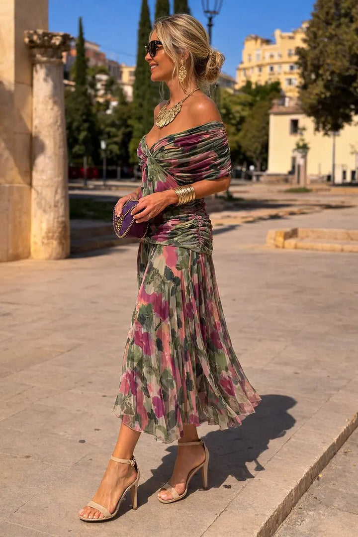 Plus size V-neck maxi dress with ruched waist, a stylish choice for formal evening wear.