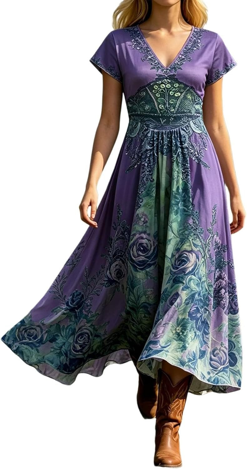 Women's V-Neck Short Sleeve Floral Maxi Dress for elegant summer style. Perfect vacation wear, casual chic.