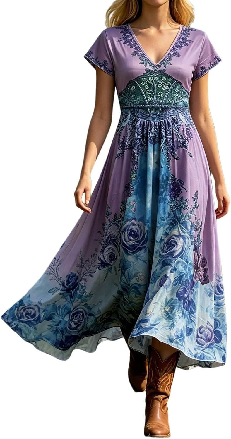 Beautiful floral V-neck maxi dress with short sleeves. Ideal for summer, offering elegant and effortless style.