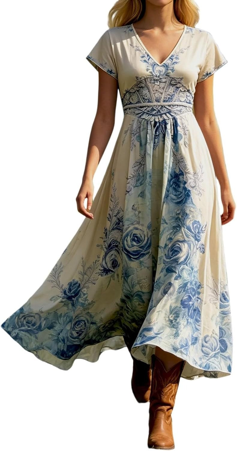 Flowy women's floral maxi dress featuring a chic V-neck and short sleeves. Perfect for summer vacation & casual wear.