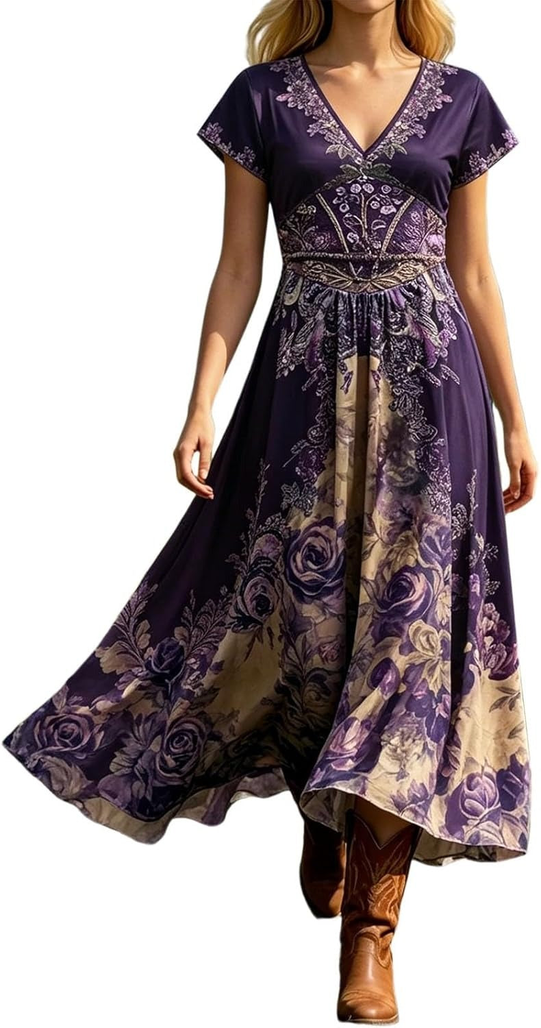 Elegant women's short sleeve floral V-neck maxi dress. Ideal for summer, vacation, and effortless casual chic.