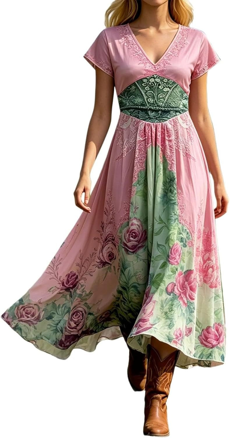 Women's V-neck floral print maxi dress with short sleeves. Comfortable, stylish, perfect for summer & vacation.