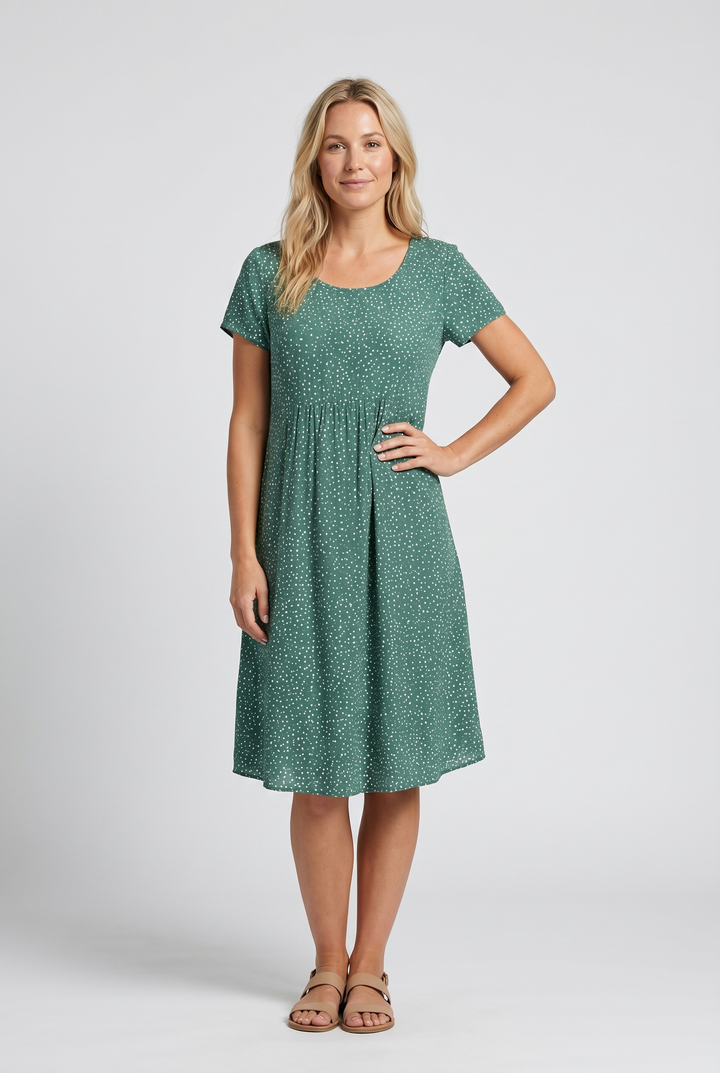 Elegant V-neck short sleeve summer midi dress for women. A-line silhouette, perfect for versatile wear.