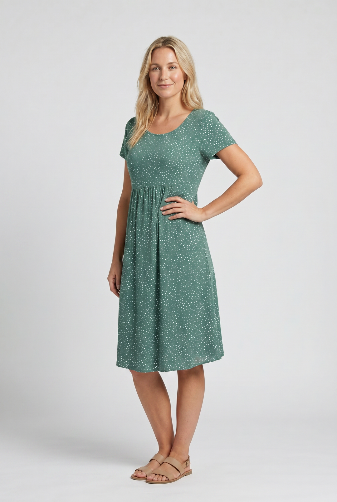 Comfortable women's midi dress with V-neck & short sleeves. Ideal A-line summer casual wear, knee length.